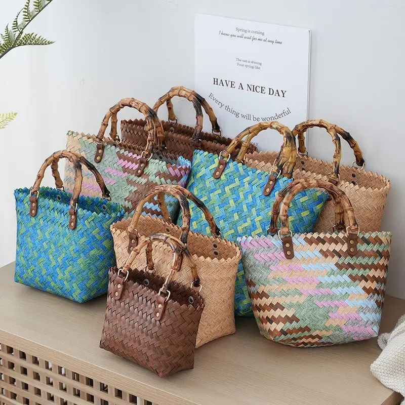 Woven Tote Bag for Women Vegan Leather Tote Bag Large Summer Beach Travel Handbag and Purse Retro Lady Handmade Shoulder Bag