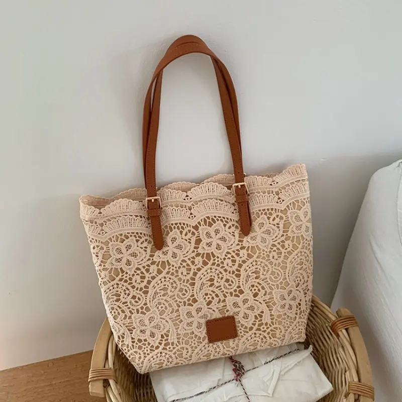 Women White Lace Flower Embroidery Tote Summer Seaside Travel Vacation Beach Bag Ladies Shoulder Retro Handbag Shopping Bag