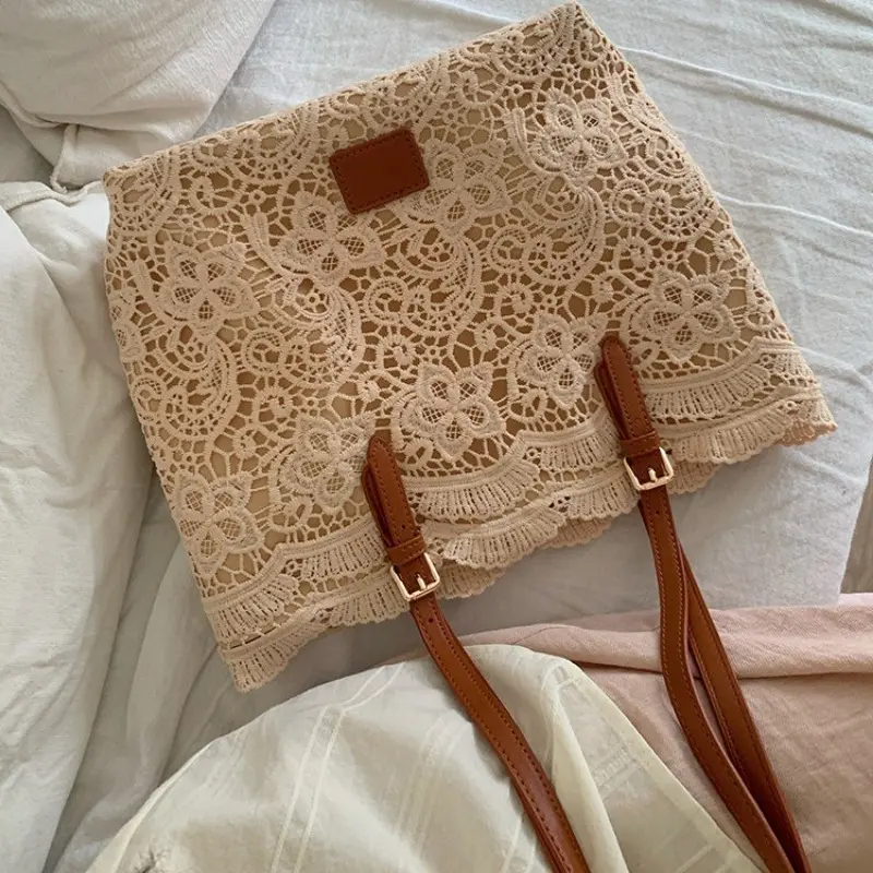 Women White Lace Flower Embroidery Tote Summer Seaside Travel Vacation Beach Bag Ladies Shoulder Retro Handbag Shopping Bag
