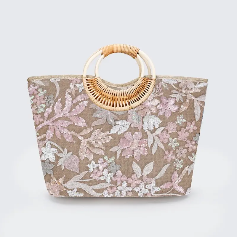 Women Beach Bag Sequin Embroidery Straw Tote Bag Bohemian Handbag Large Capacity Summer Shoulder Bag Suitable for Travel