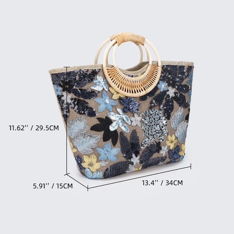 Women Beach Bag Sequin Embroidery Straw Tote Bag Bohemian Handbag Large Capacity Summer Shoulder Bag Suitable for Travel