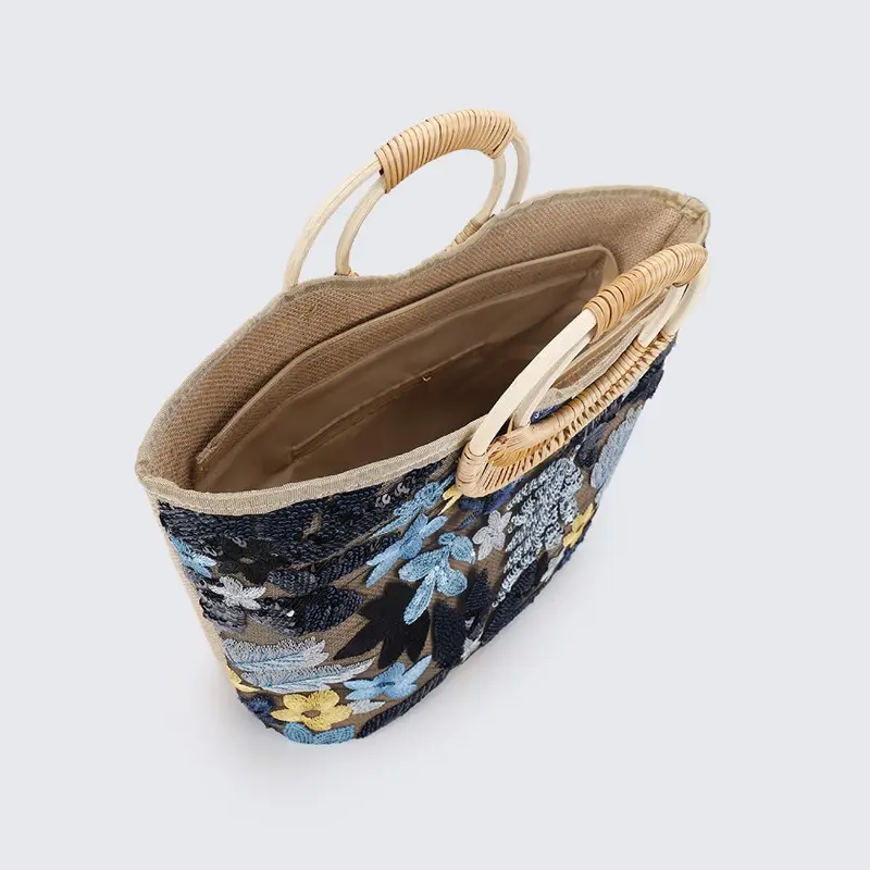 Women Beach Bag Sequin Embroidery Straw Tote Bag Bohemian Handbag Large Capacity Summer Shoulder Bag Suitable for Travel