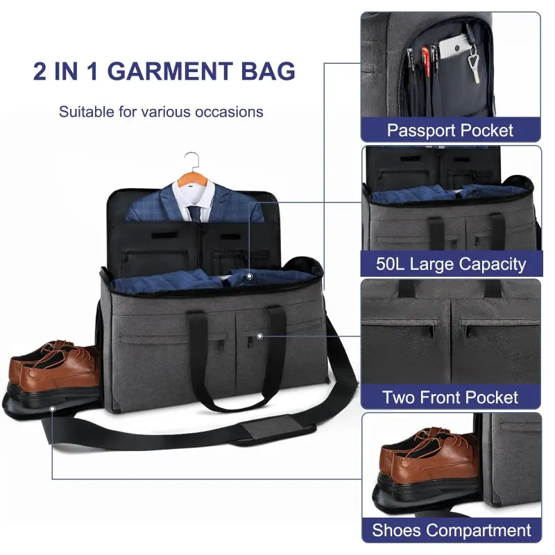 New Clothing Convertible Garment Bag for Men - 2 in 1 Hanging Suitcase Suit Business Travel Bag Carry on Garment Duffel Bag