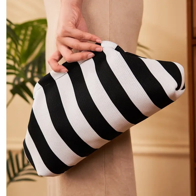 Women Colorblock Dumpling Clutch Contrast Color Knitting Casual Summer Beach Bag Clutch Ruched Cloud Purse Casual Colorblock Bag