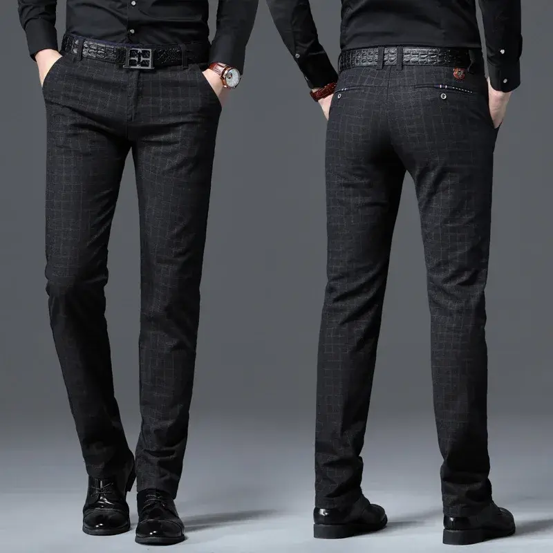 Men's Casual Trousers Slim Fit Small Foot Stretchy Plaid Trousers Business Straight-Leg Man Designer Clothes Essentials