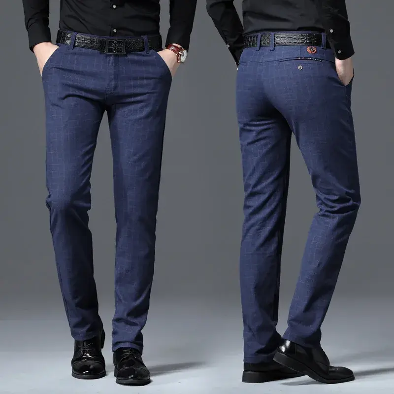 Men's Casual Trousers Slim Fit Small Foot Stretchy Plaid Trousers Business Straight-Leg Man Designer Clothes Essentials