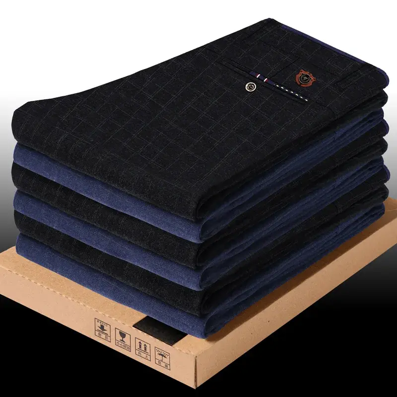 Men's Casual Trousers Slim Fit Small Foot Stretchy Plaid Trousers Business Straight-Leg Man Designer Clothes Essentials