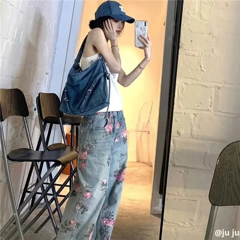 Rose Pattern High Waist Draped Denim Jeans Straight Leg Long Trousers for Men And Women Summer Design Sensation Wide Leg Pants