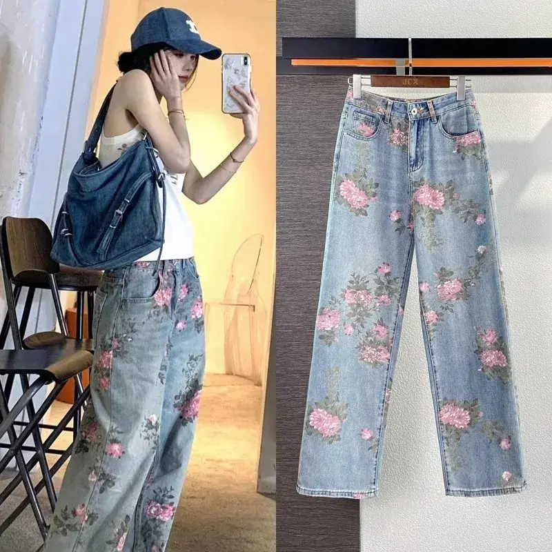 Rose Pattern High Waist Draped Denim Jeans Straight Leg Long Trousers for Men And Women Summer Design Sensation Wide Leg Pants