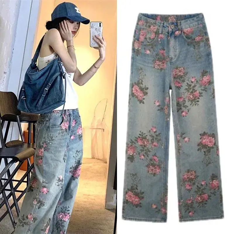 Rose Pattern High Waist Draped Denim Jeans Straight Leg Long Trousers for Men And Women Summer Design Sensation Wide Leg Pants