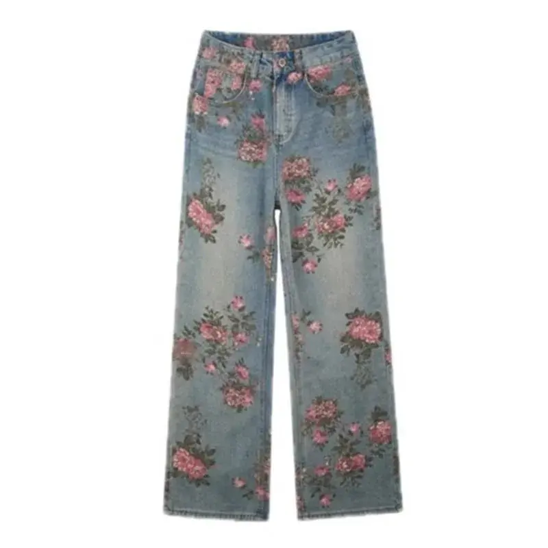 Rose Pattern High Waist Draped Denim Jeans Straight Leg Long Trousers for Men And Women Summer Design Sensation Wide Leg Pants