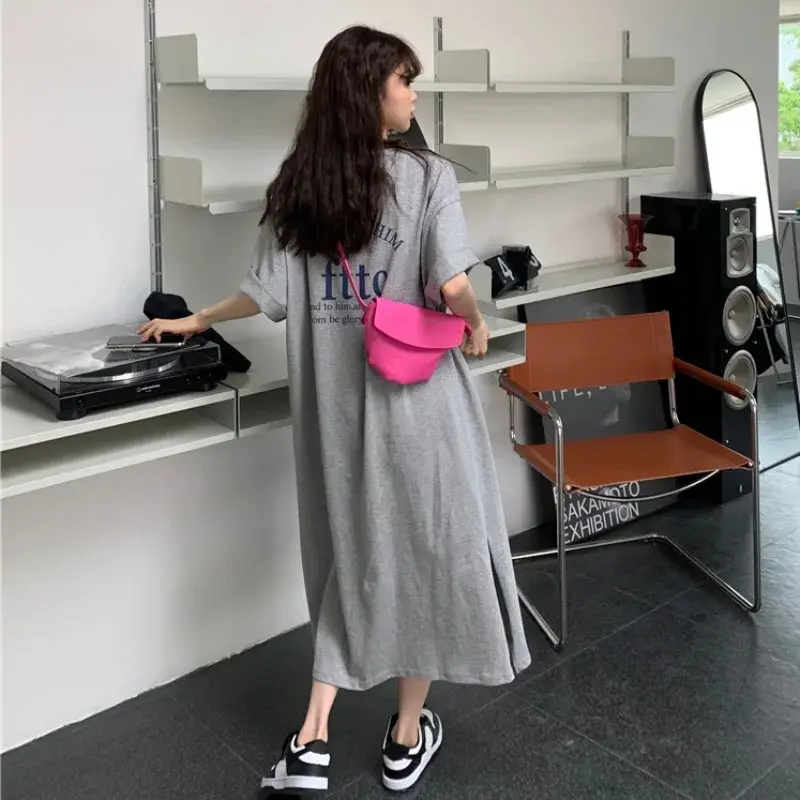 Summer Korean Style Plus Size Women's Loose Fit Side Slit Over Knee T-Shirt Dress Casual Simple Stylish Letter Print Dress