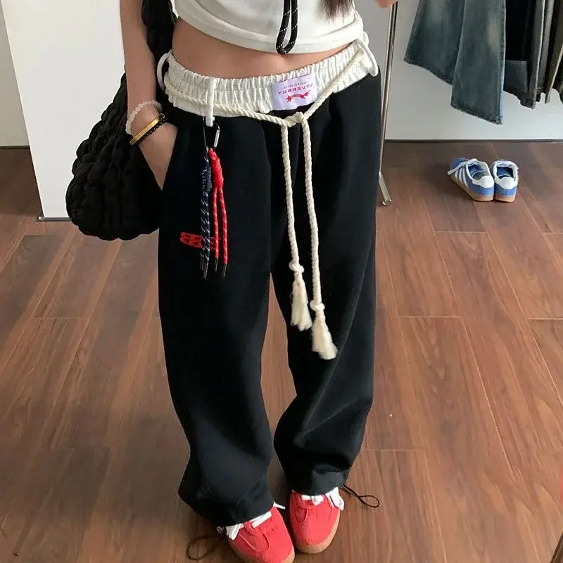 Retro Loose Wide Leg Pants Women's Casual Sports Trousers Autumn Winter New Style Patchwork Waist Head Straight Leg Pants