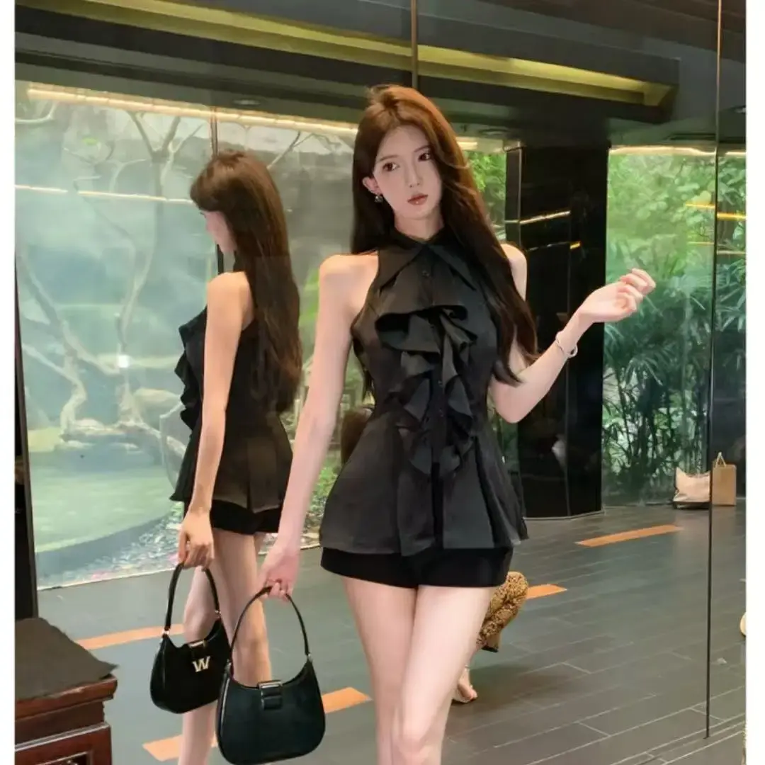 Princess Style Sleeveless Slim Fit Shirt Ruffle Hem Top French Elegant Thousand Gold Summer Fashion Mid-Length Waist-Cinching