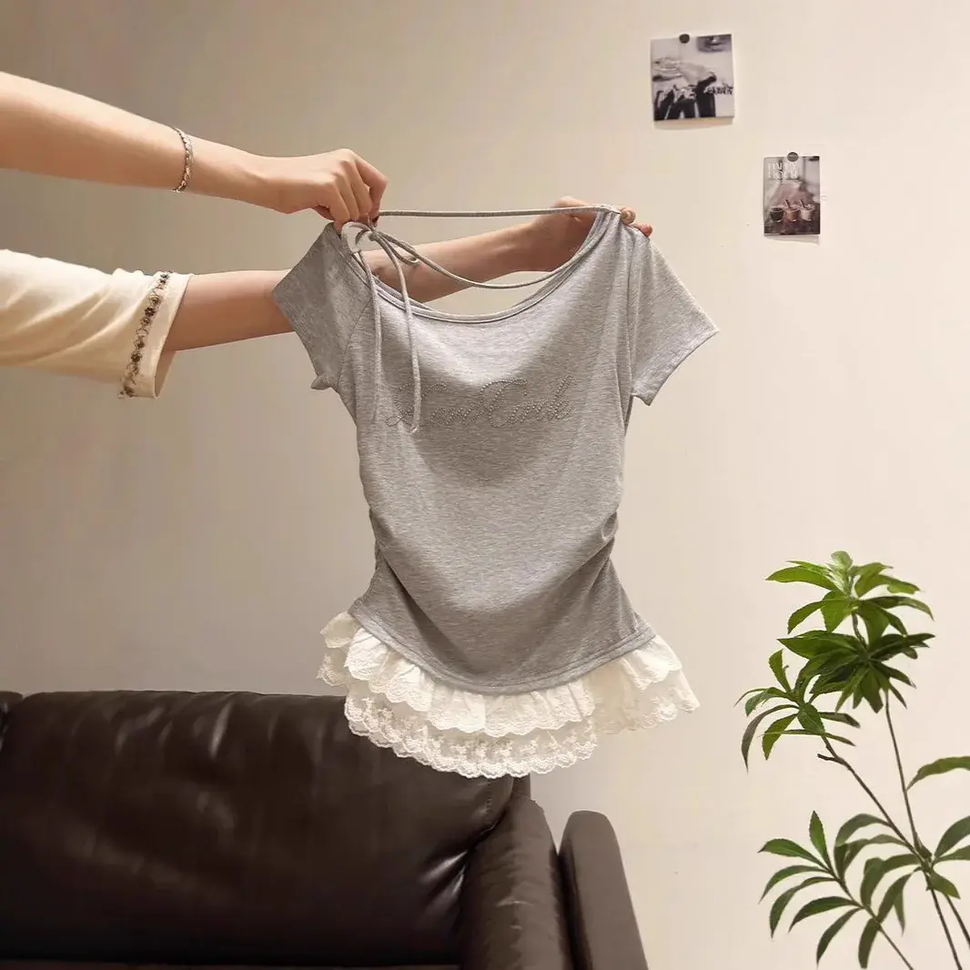 Korean Style Summer New Slim Fit Short Sleeve T-Shirt Women's Shoulder Bared Lace Trim Hemline Diagonal Collar Mini Top