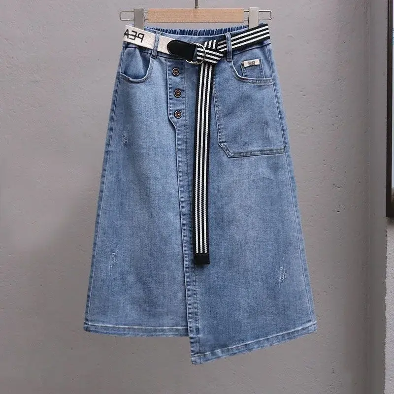 Slimming Mid-Length A- Line Mini Skirt Fashionable Elastic Waist Denim Women's Trendy Skirts Spring Summer Collection