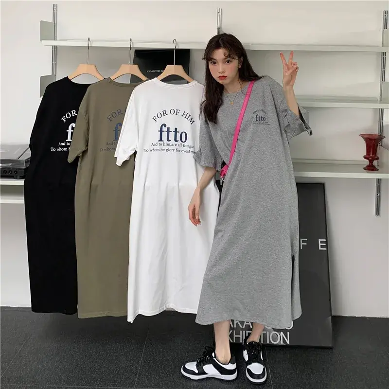 Summer Korean Style Plus Size Women's Loose Fit Side Slit Over Knee T-Shirt Dress Casual Simple Stylish Letter Print Dress