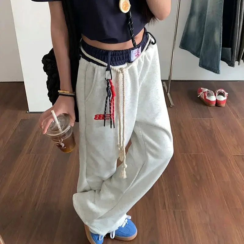 Retro Loose Wide Leg Pants Women's Casual Sports Trousers Autumn Winter New Style Patchwork Waist Head Straight Leg Pants