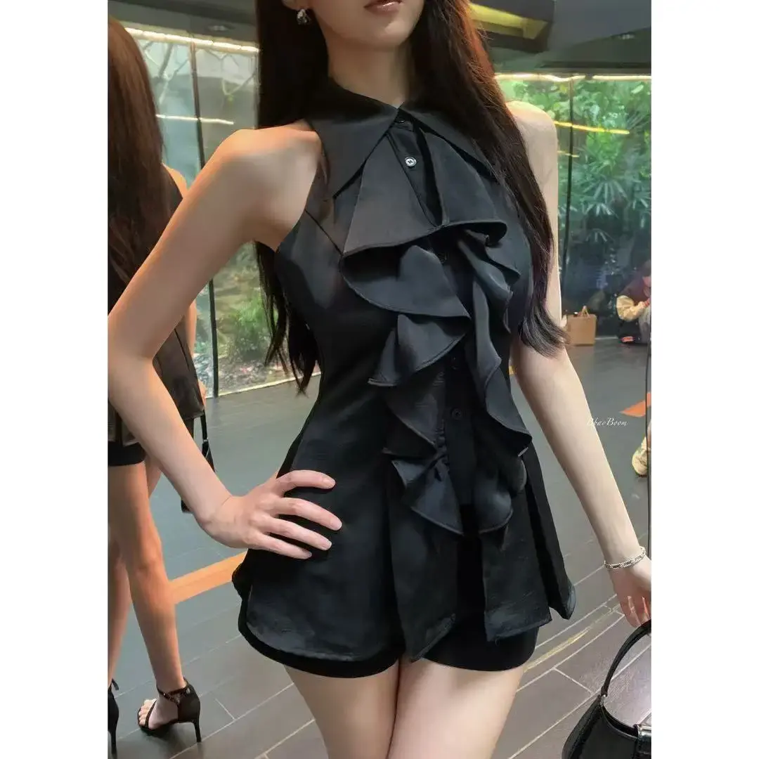 Princess Style Sleeveless Slim Fit Shirt Ruffle Hem Top French Elegant Thousand Gold Summer Fashion Mid-Length Waist-Cinching