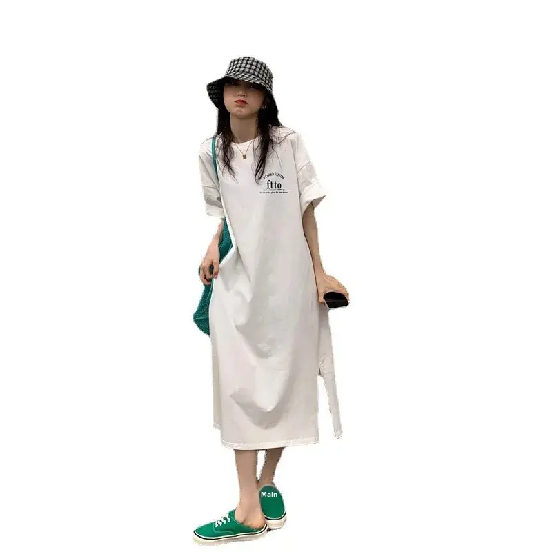 Summer Korean Style Plus Size Women's Loose Fit Side Slit Over Knee T-Shirt Dress Casual Simple Stylish Letter Print Dress