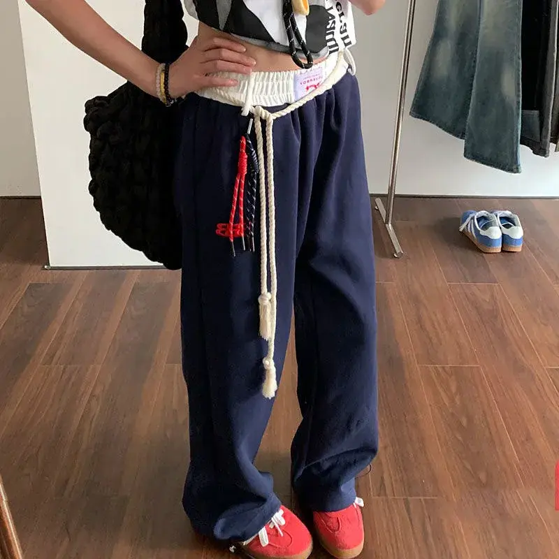 Retro Loose Wide Leg Pants Women's Casual Sports Trousers Autumn Winter New Style Patchwork Waist Head Straight Leg Pants