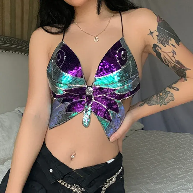 Shiny Butterfly Color Block Sequin Women's Crop Top Strapless Vest Halter Neck Tie Back Bodice Polyester Blend Casual Wear