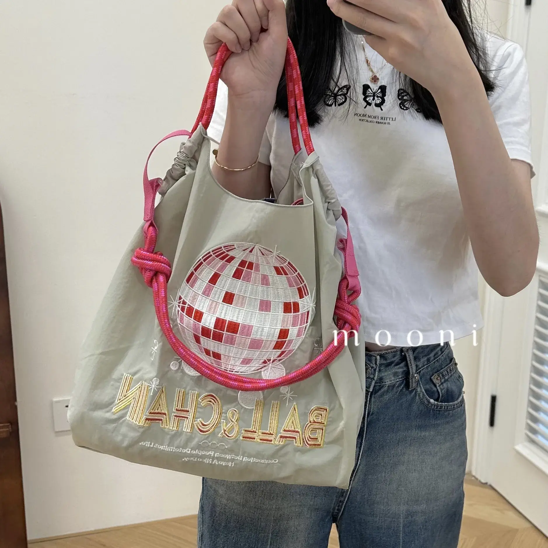 Fashionable Japanese Style Donut Shaped Ball Chain Embroidered Shopping Bag Large Capacity Single Shoulder Bag For Women