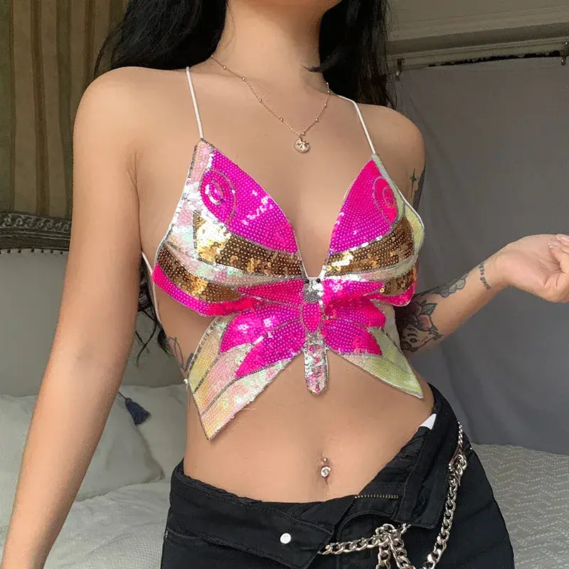 Shiny Butterfly Color Block Sequin Women's Crop Top Strapless Vest Halter Neck Tie Back Bodice Polyester Blend Casual Wear