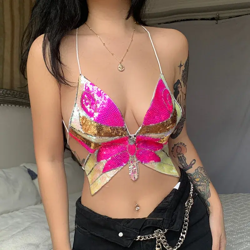 Shiny Butterfly Color Block Sequin Women's Crop Top Strapless Vest Halter Neck Tie Back Bodice Polyester Blend Casual Wear