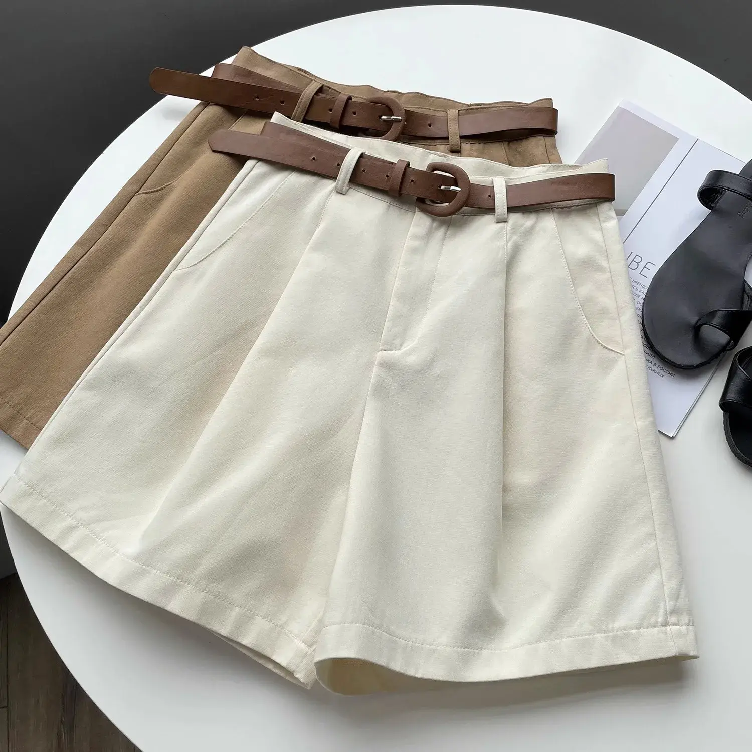 High Waist Wide Leg Suit Shorts Women's Summer Loose Casual Workwear Trousers Korean Style Four-Fifths Length Pants