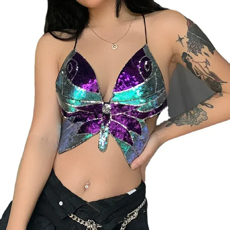 Shiny Butterfly Color Block Sequin Women's Crop Top Strapless Vest Halter Neck Tie Back Bodice Polyester Blend Casual Wear