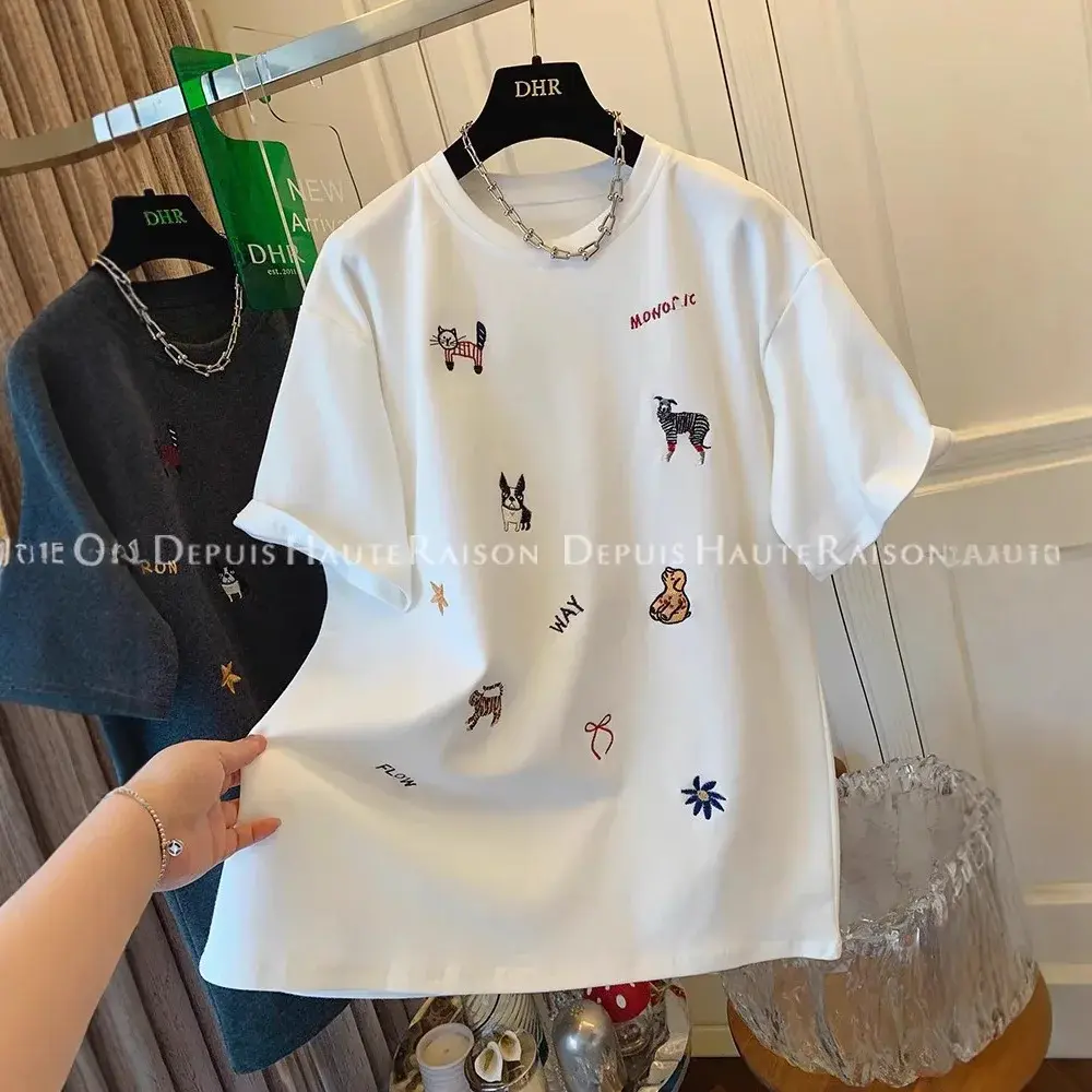American Style Thickened Short Sleeve T-Shirt Women's Autumn Winter New Small Design Sense Flocking Embroidery Top