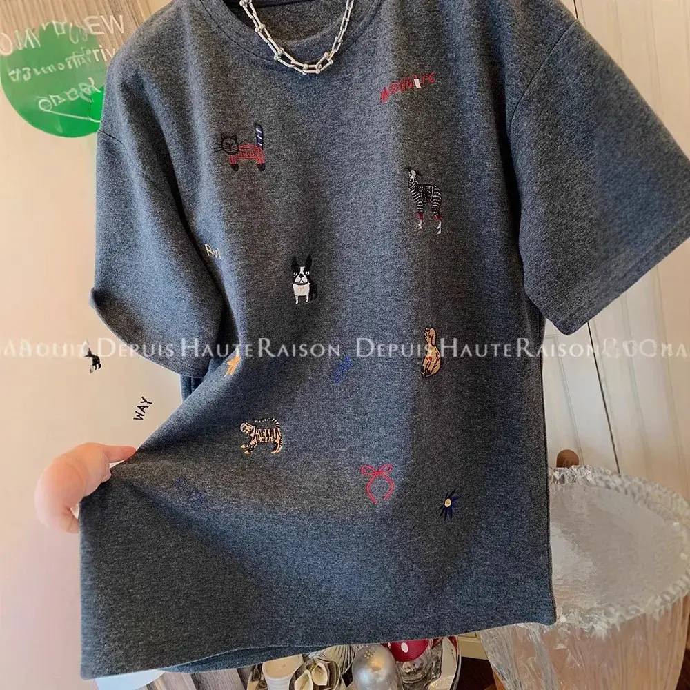 American Style Thickened Short Sleeve T-Shirt Women's Autumn Winter New Small Design Sense Flocking Embroidery Top