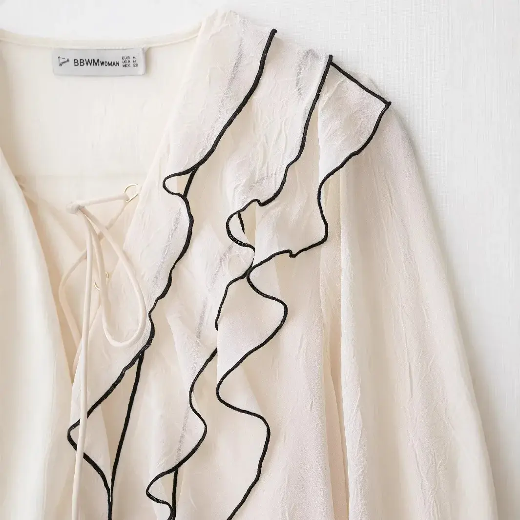 Elegant French Style Long Sleeve Shirt V Neck Ruffle Design Belted Women's Fashion New Arrival Shirt Slim Fit Cotton Blend
