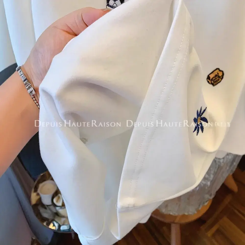 American Style Thickened Short Sleeve T-Shirt Women's Autumn Winter New Small Design Sense Flocking Embroidery Top