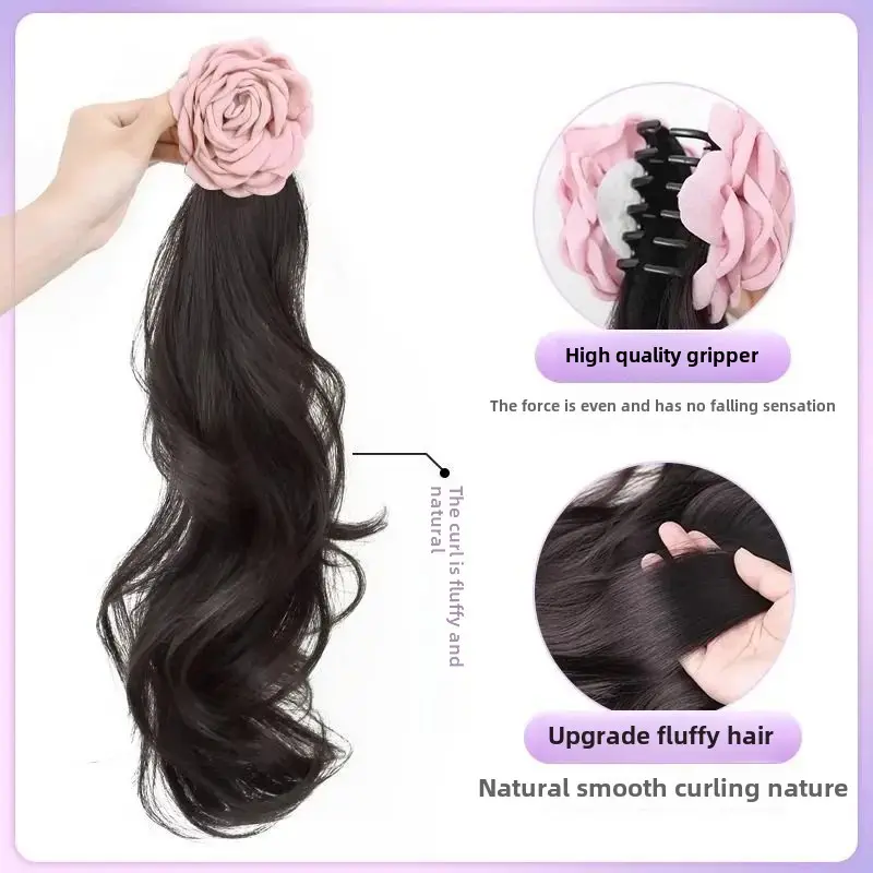 Women's Synthetic Hair Extensions Braids with Rose Clip Low Bun Fake Tail Natural Volume Boosting Fluffy Curl Fake Horse Tail