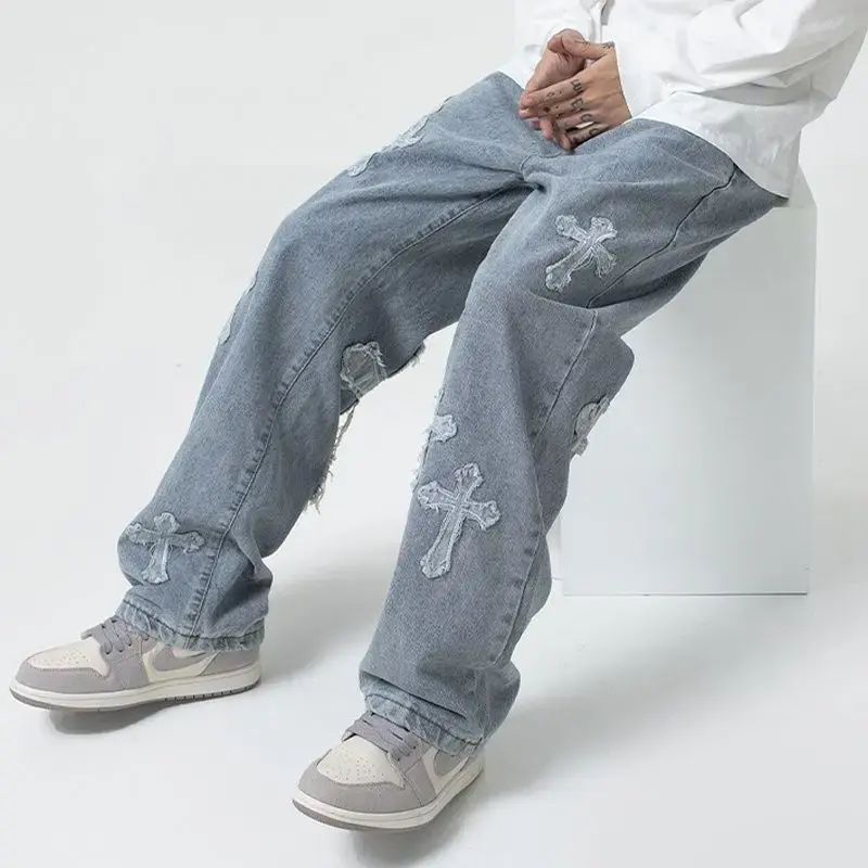Trendy Brand Hip Hop Thug Straight-leg Loose-fit Wide-leg Long Pants Cross Stitch Fabric Jeans Men Casual Streetwear