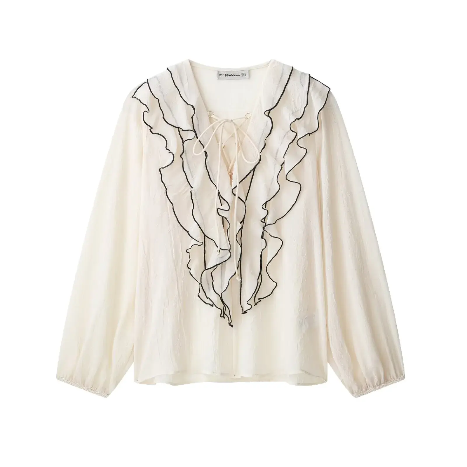 Elegant French Style Long Sleeve Shirt V Neck Ruffle Design Belted Women's Fashion New Arrival Shirt Slim Fit Cotton Blend