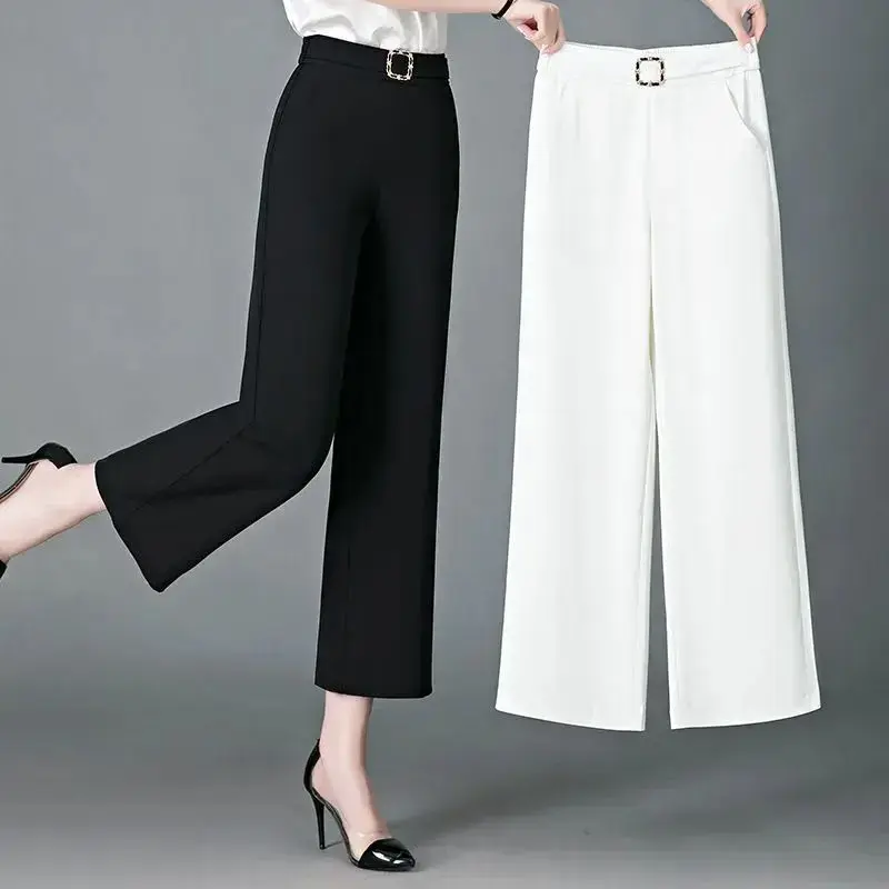 Summer New Women's Wide Leg Pants Drapey High Waist Loose plus Size Elastic Nine Points Casual Straight Mommy Skirt Trousers