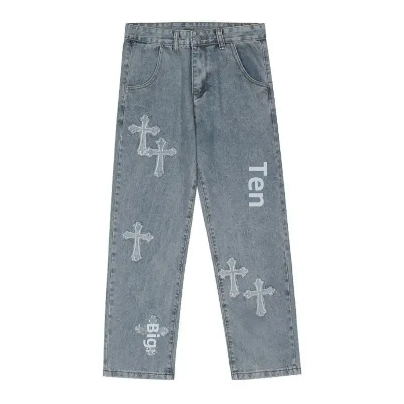 Trendy Brand Hip Hop Thug Straight-leg Loose-fit Wide-leg Long Pants Cross Stitch Fabric Jeans Men Casual Streetwear
