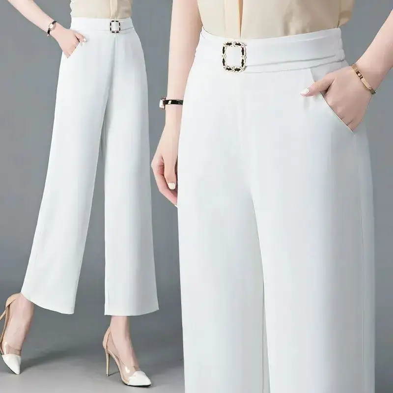 Summer New Women's Wide Leg Pants Drapey High Waist Loose plus Size Elastic Nine Points Casual Straight Mommy Skirt Trousers