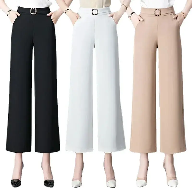 Summer New Women's Wide Leg Pants Drapey High Waist Loose plus Size Elastic Nine Points Casual Straight Mommy Skirt Trousers