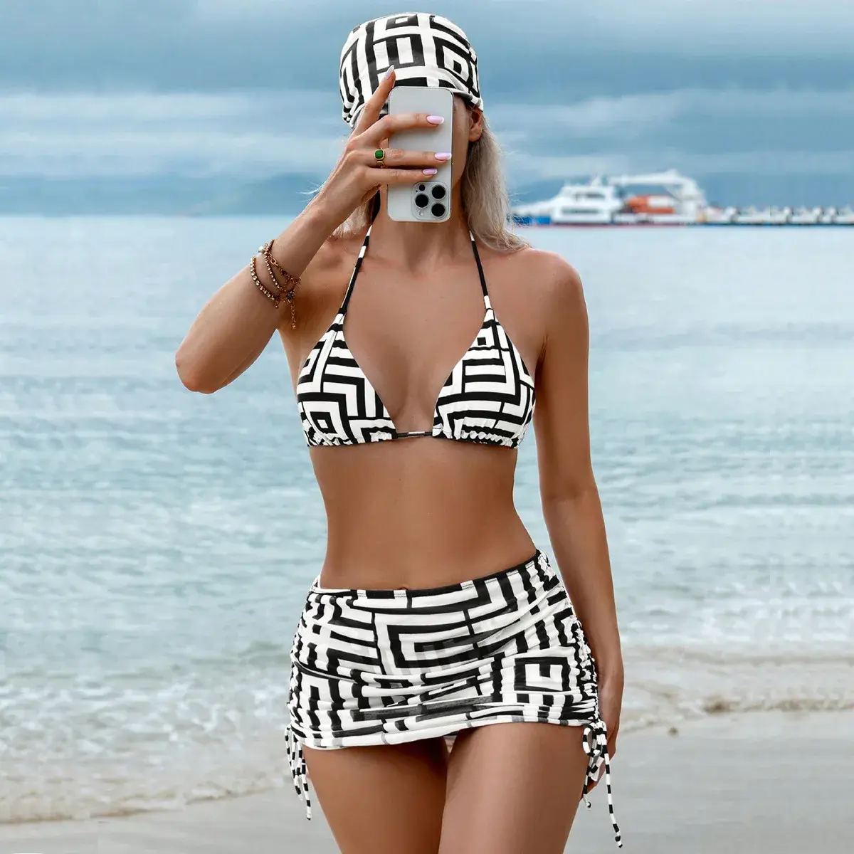 2025 New Cross-Border Three-Piece Bikini Set Women's Hanging Neck Strap Sexy Beach Dress Hot Spring Swimsuit Chinese Brand