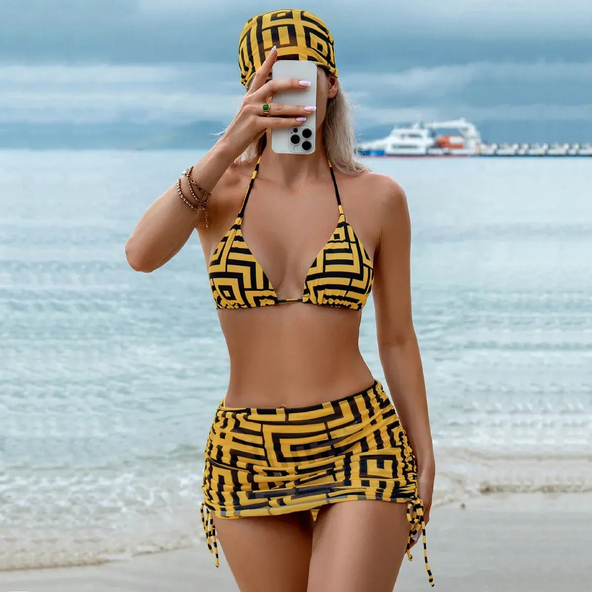 2025 New Cross-Border Three-Piece Bikini Set Women's Hanging Neck Strap Sexy Beach Dress Hot Spring Swimsuit Chinese Brand