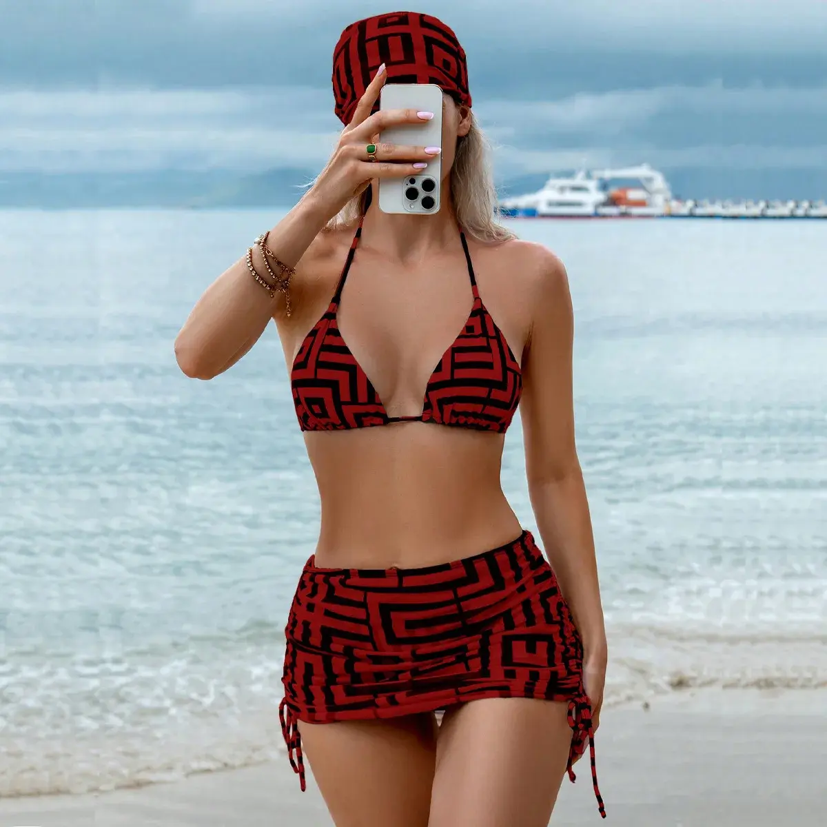 2025 New Cross-Border Three-Piece Bikini Set Women's Hanging Neck Strap Sexy Beach Dress Hot Spring Swimsuit Chinese Brand