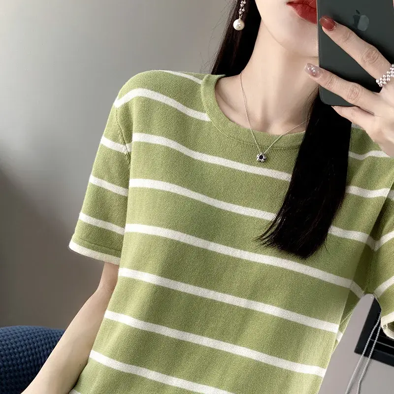 Retro Korean round Neck Striped Knitwear Women Summer Thin Slim Cotton Loose T-Shirt Simple Short Sleeve Casual Fashion
