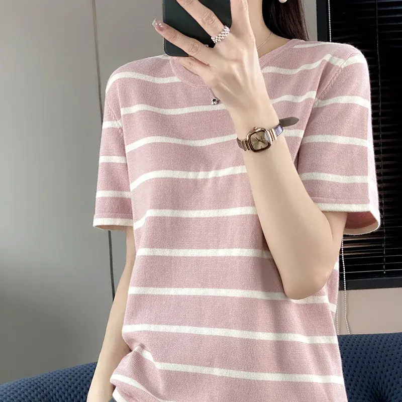 Retro Korean round Neck Striped Knitwear Women Summer Thin Slim Cotton Loose T-Shirt Simple Short Sleeve Casual Fashion