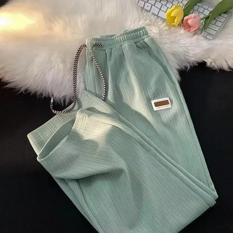 Summer Ice Silk Wide Leg Pants Casual Lightweight Straight Cut Sun Protection Loose Fit Trousers for Students Autumn Wear