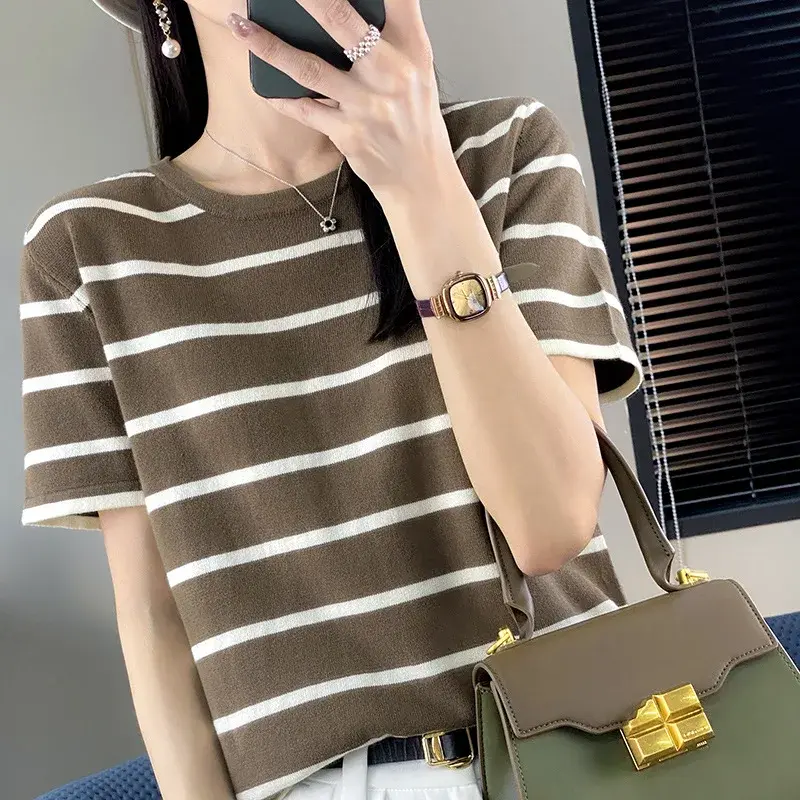 Retro Korean round Neck Striped Knitwear Women Summer Thin Slim Cotton Loose T-Shirt Simple Short Sleeve Casual Fashion