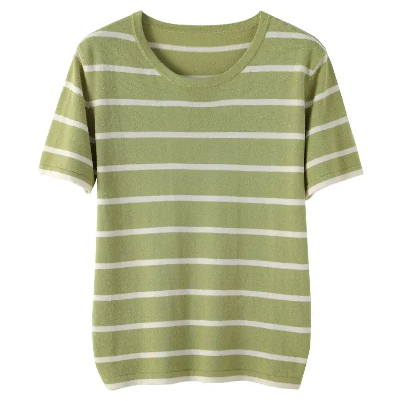 Retro Korean round Neck Striped Knitwear Women Summer Thin Slim Cotton Loose T-Shirt Simple Short Sleeve Casual Fashion